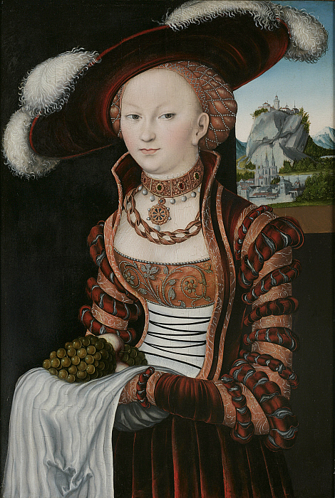 Portrait of a Young Woman Holding Grapes and Apples Slider Image 1