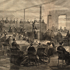 The Court-Room of the Old Penitentiary, Washington,...Trial of the Conspirators