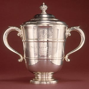 Two-Handled Cup and Cover with Wooden Base