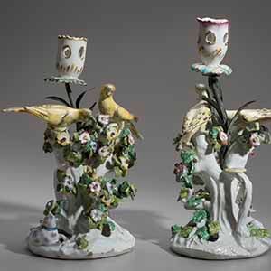 Two Candlesticks with Birds and Flowers