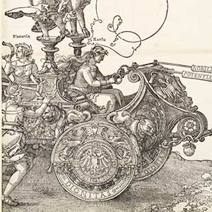 Triumphal Chariot of Maximilian I (sheet 2): Veri Principis Imago. Ratio holding the reins (right half of chariot).
