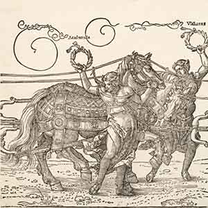 Triumphal Chariot of Maximilian I (sheet 6): ...liani Caesaris Semper Augusti. Acrimonia and Virilitas