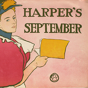 Young Woman in Deep Pink Dress Holding an Issue of Harper's Magazine, September Harper's