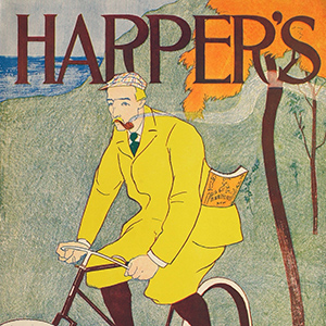 Man in Yellow Suit on Bicycle, October Harper's
