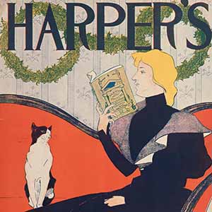 Woman on a Red Sofa Reading, Christmas Harper's
