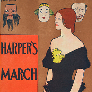 Standing Girl with Book, 3 Masks on Wall, March Harper's