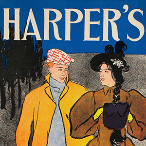 Man with Skates and Yellow Coat with Girl, February Harper's