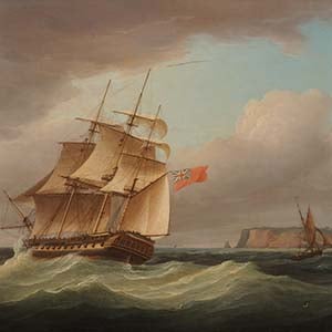 Three British Men-o'-War and Four Fishing Boats in Breeze Off-Shore