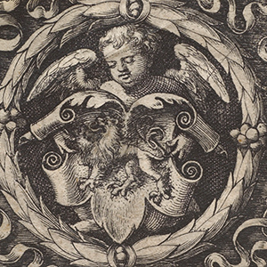 Decorative Design: Cupid and Scrolls with Rampant Lion in Wreath