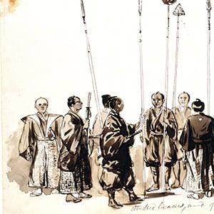 Japanese Standard Bearers; verso: Sketch of Japanese Samurai, Women in Western Attire