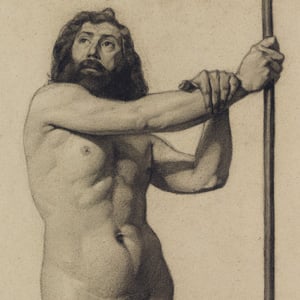 Academic Figure Study: Male Nude Holding a Staff