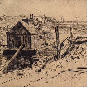 Floating Shack with Telephone Lines in the Distance