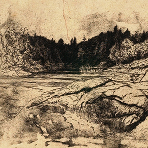 Inlet with Bald Rocks Foreground Right, Dock in the Distance, First Version
