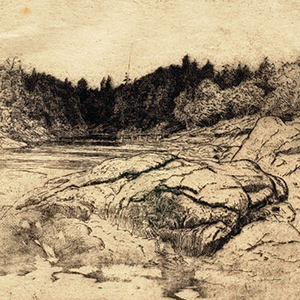 Inlet with Bald Rocks Foreground Right, Dock in the Distance, First Version