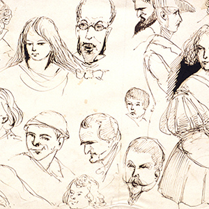 Sketch Sheet: 18 different studies of faces and a young woman in theatrical costume