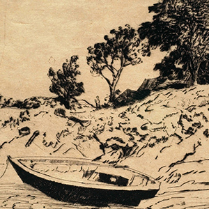 Several Buildings Atop the Hill, a Boat Tied up Foreground Left