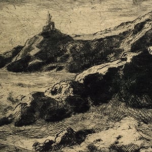 Rocky Coast with the Ruins of a Castle in the left Distance