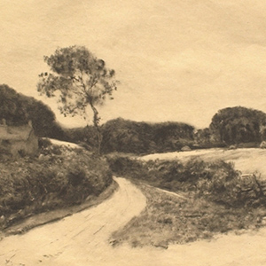 A Road Overlooking a Field with Mounds of Hay