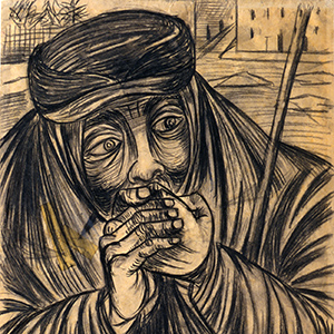 Arab with Staff, Hands Folded over Mouth