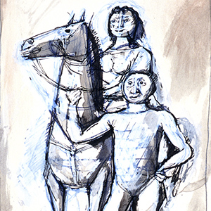 Man Holding Horse with Woman Riding