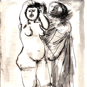 Nude Woman Fixing Hair with Draped Figure in Background