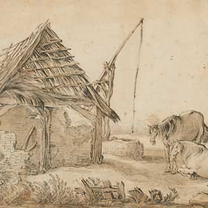 Two Horses by a Ruined Cottage with a Well