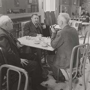 Three men meet for coffee, Lafayette Hotel, New York
