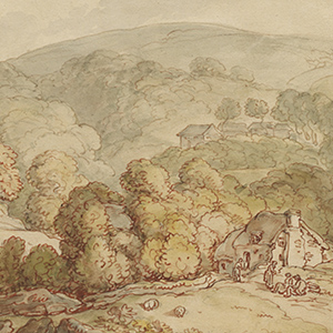 Wooded Hilly Landscape with Cottage and Figures
