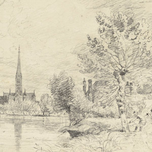 Salisbury Cathedral from the River Avon (recto); Man Pulling a Rope (verso)