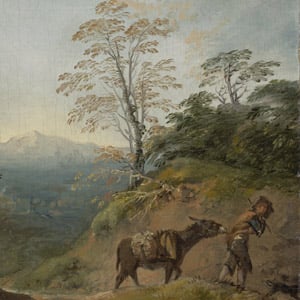 Wooded Landscape with a Boy Leading a Donkey and Dog, and an Extensive Panorama with Buildings and Distant Hills
