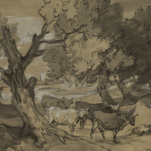 Landscape with Herdsman Driving Cows and Distant Buildings