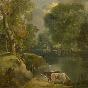 A River Landscape with Two Cows and a Figure on a Bridge