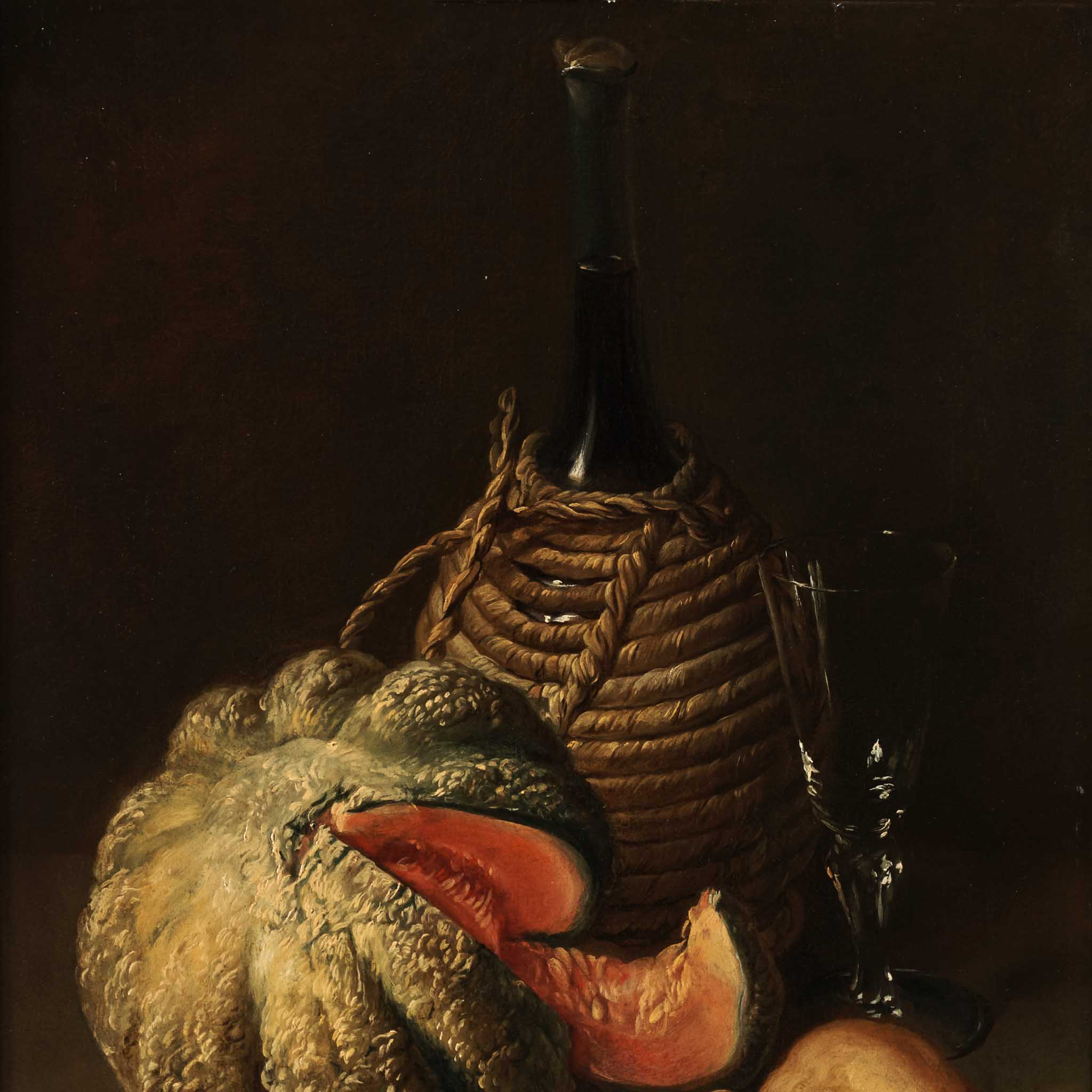 Still Life with a Bottle of Wine, Glass, Melon, Roll and Knife