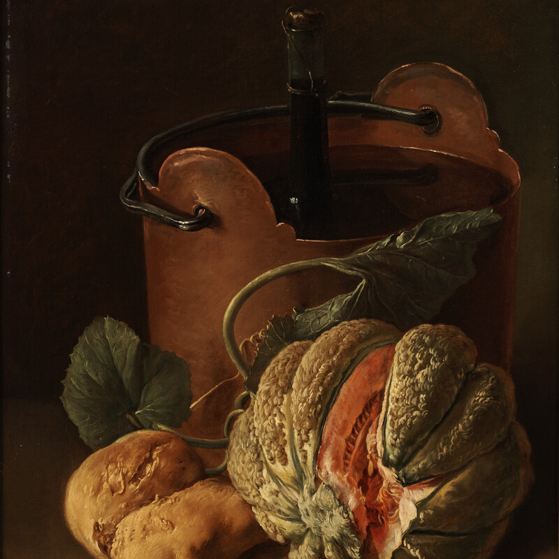 Still Life with a Wine Bottle in a Bucket, Melon and Bread on a Stone Ledge