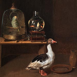 An Interior with a Parrot, Goose, and an Aquarium Bird Cage