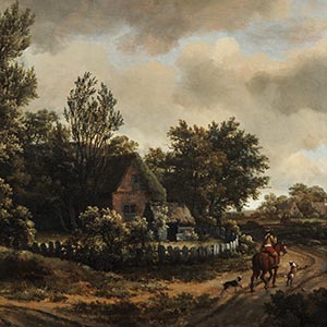 A Wooded Landscape with Travelers on a Road by Cottage